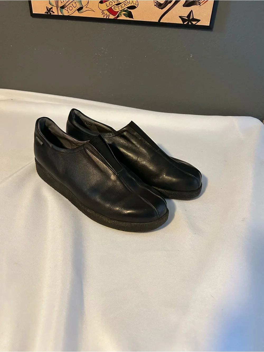Mephisto Black Leather Wedge Slip-On Women's Shoes